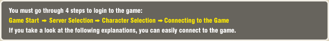 You must go through 4 steps to login to the game:Game Start       Server Selection       Character Selection       Connecting to the Game If you take a look at the following explanations, you can easily connect to the game.